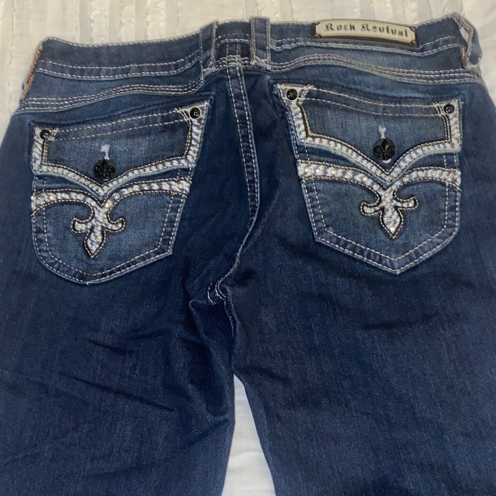 Rock Revival Dark Blue Jeans with White Embroidery